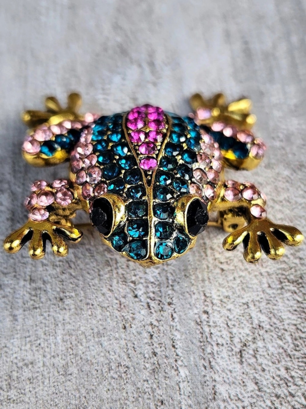 Jeweled Frog Brooch in Blue & Pink Like New